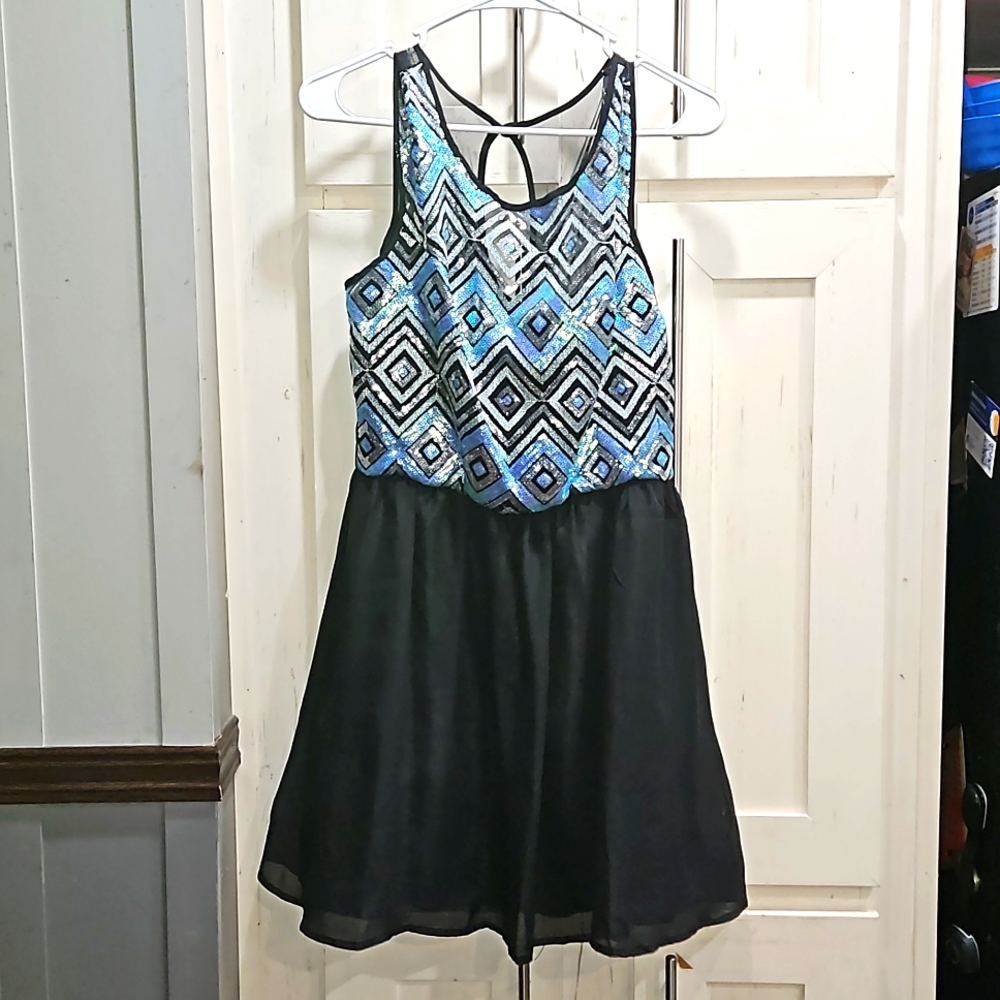Black dress w/ blue n silver design on front